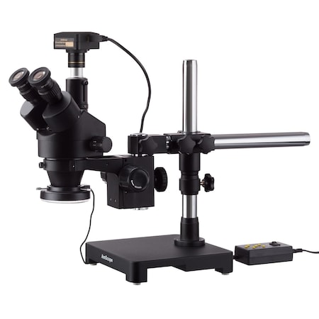Amscope 7X-45X Trinocular Stereo Zoom Microscope, Single-Arm Boom Stand, 144-LED Light, USB 3 5MP Camera SM-3T-144A-5M3-B